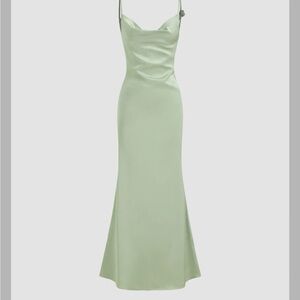 Cider Satin Cowl Neck 3D Floral Ruched Mermaid Maxi Dress
